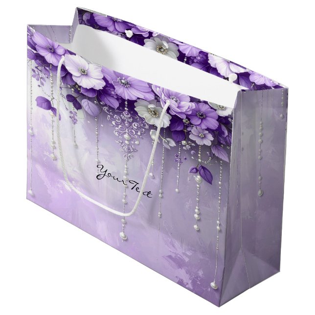 Grand Sac Cadeau Purple Flowers with Dangling Pearls Gift Bag (Devant Angle)