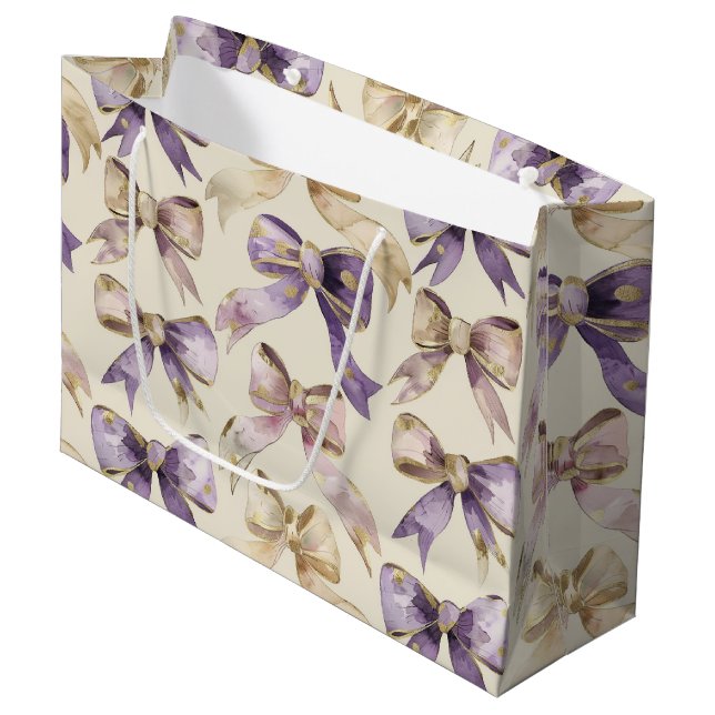 Grand Sac Cadeau Purple Gold Bows Anniversaire (Devant Angle)