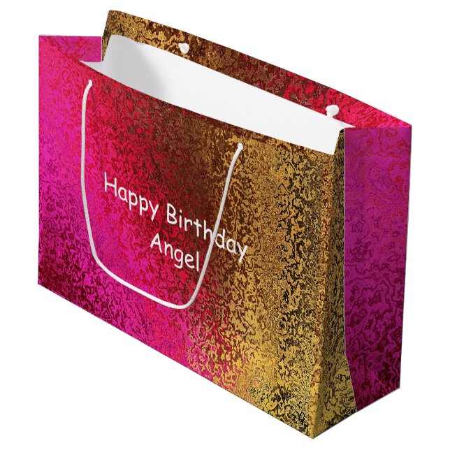Grand Sac Cadeau Purple & Gold Shade Joyeux Anniversaire Nom (Devant Angle)