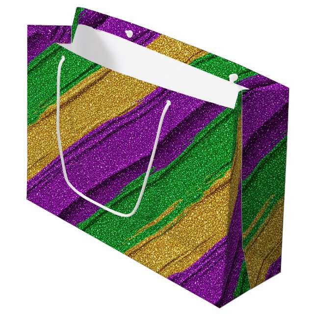 GRAND SAC CADEAU PURPLE GREEN GOLD GLITTER LOOK MARDI GRAS (Devant Angle)