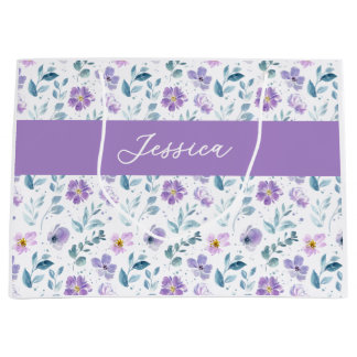 Grand Sac Cadeau Purple Green Watercolor Wildflower Monogram Name