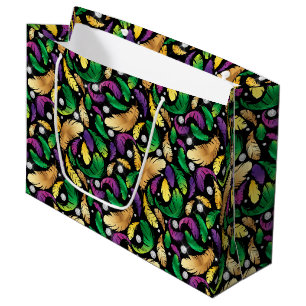 GRAND SAC CADEAU PURPLE OR VERT MARDI GRAS FEATHERS
