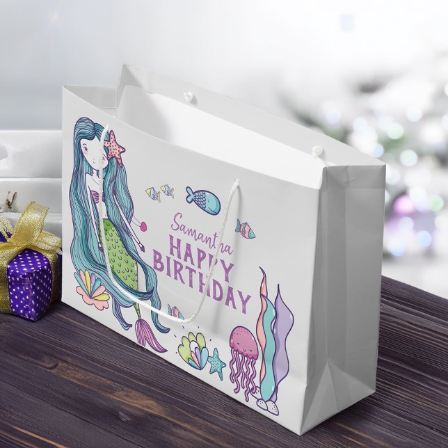 Grand Sac Cadeau Purple Turquoise Sirène Joyeux Anniversaire Person (Purple Teal Mermaid Happy Birthday Personalized Large Gift Bag)