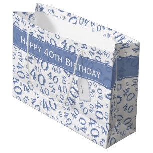 Grand Sac Cadeau Quarantième bleu heureux et blanc de motif de fête