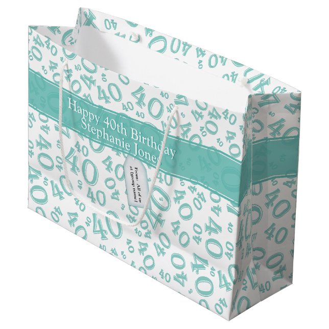 Grand Sac Cadeau Quarantième motif heureux Teal de nombre (Devant Angle)