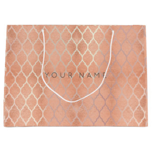 Grand Sac Cadeau Quatrefoil Coral Rose métallique personnalisé Peac