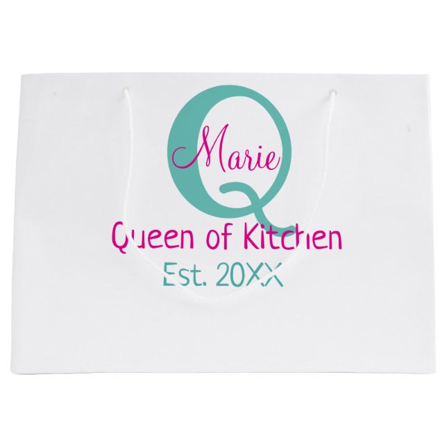 Grand Sac Cadeau Queen of cuisine monogramme vert rose simple minim (Devant)