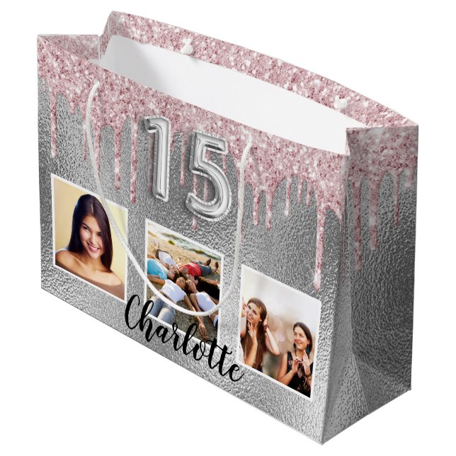Grand Sac Cadeau Quinceanera argent brush parties scintillant photo (Dos Angle)