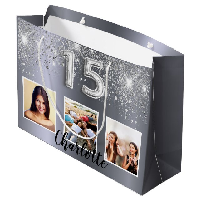 Grand Sac Cadeau Quinceanera argent parties scintillant nom photo (Dos Angle)