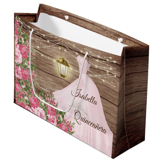 Grand Sac Cadeau Quinceañera Fleurs de bois et de mauve rose (Devant Angle)