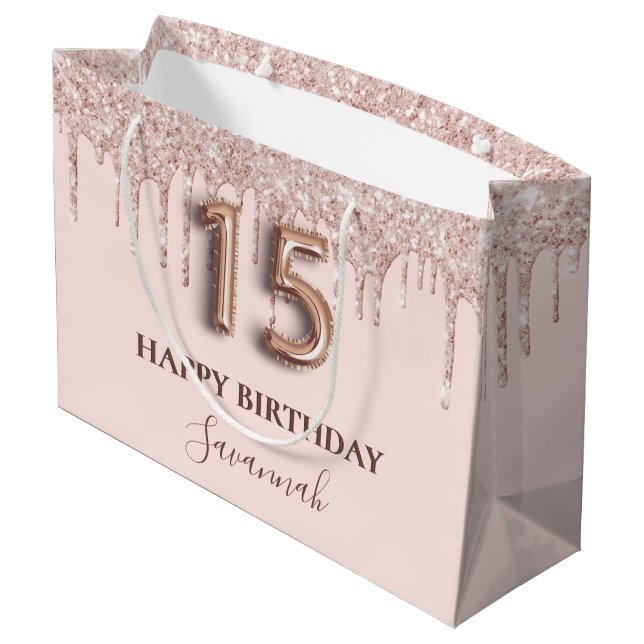 Grand Sac Cadeau Quinceanera gouttes rose vif or rose (Dos Angle)