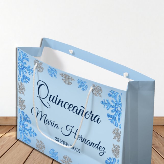 Grand Sac Cadeau Quinceañera Ice Blue Silver Winter Snowflake (Créateur téléchargé)
