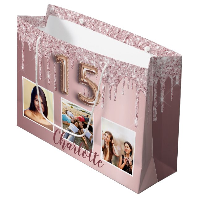Grand Sac Cadeau Quinceanera parties scintillant rose goutte nom de (Devant Angle)