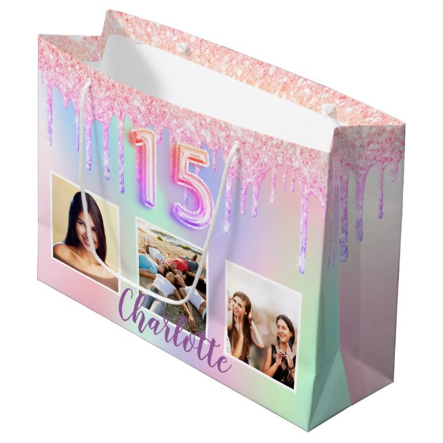 Grand Sac Cadeau Quinceanera photo holographique rose (Devant Angle)