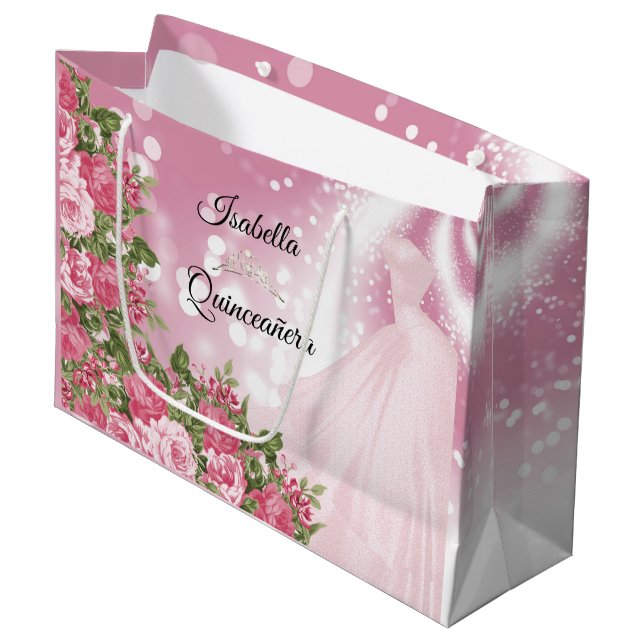 Grand Sac Cadeau Quinceañera Pink Mauve Gown and Flowers (Devant Angle)