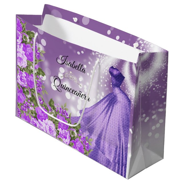 Grand Sac Cadeau Quinceañera Purple Gown et Fleurs (Devant Angle)