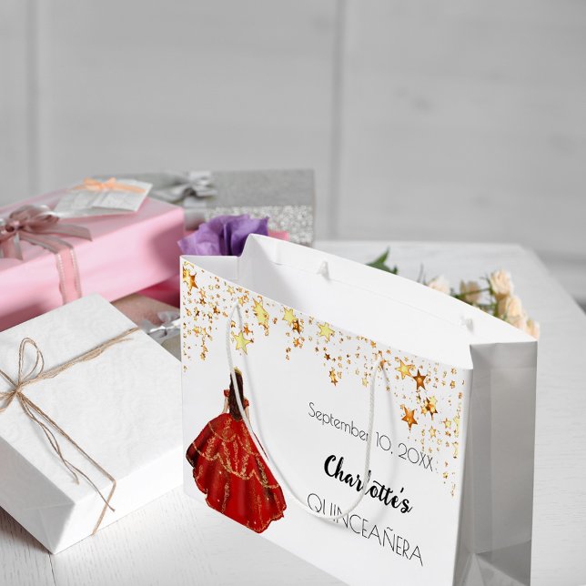 Grand Sac Cadeau Quinceanera rouge blanc or étoiles robe tiare (Créateur téléchargé)