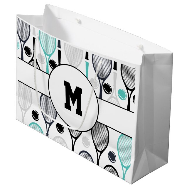 Grand Sac Cadeau Raquettes de tennis Monogramme initial Green Black (Devant Angle)
