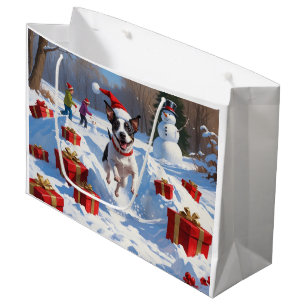 Grand Sac Cadeau Rat Terrier courant dans la neige avec un chapeau
