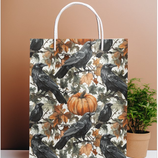 Grand Sac Cadeau Raven Halloween Citrouilles Aquarelle Automne (Créateur téléchargé)