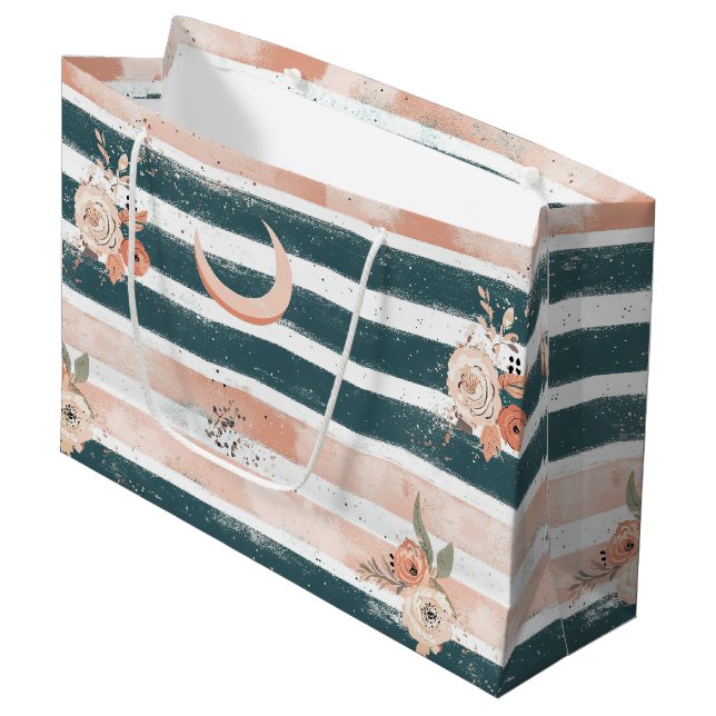 Grand Sac Cadeau Rayure Ton Terre Cosmique avec Lune Tribale (Devant Angle)