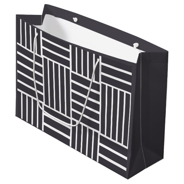 Grand Sac Cadeau Rayures blanches horizontales verticales grises (Devant Angle)