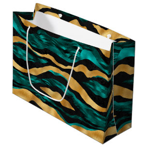 Grand Sac Cadeau Rayures de tigre sarcelle or   Animal abstrait gla