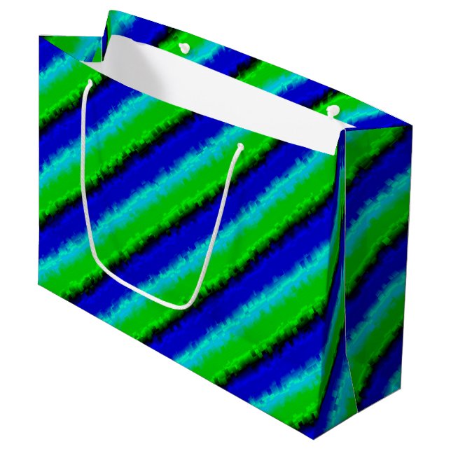 Grand Sac Cadeau Rayures de verre brisé bleu vert (Devant Angle)