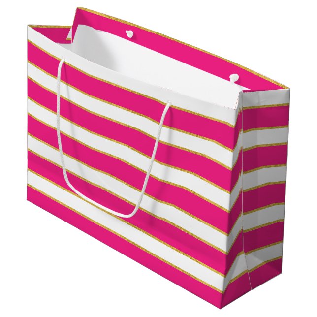 GRAND SAC CADEAU RAYURES OR BLANC ROSE (Devant Angle)