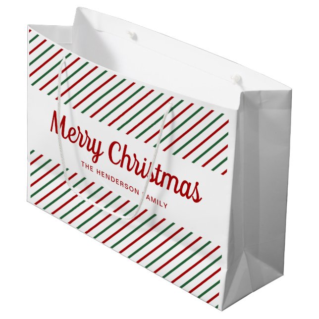 Grand Sac Cadeau Rayures Rouges Vertes Blanches Joyeux Noël  (Devant Angle)