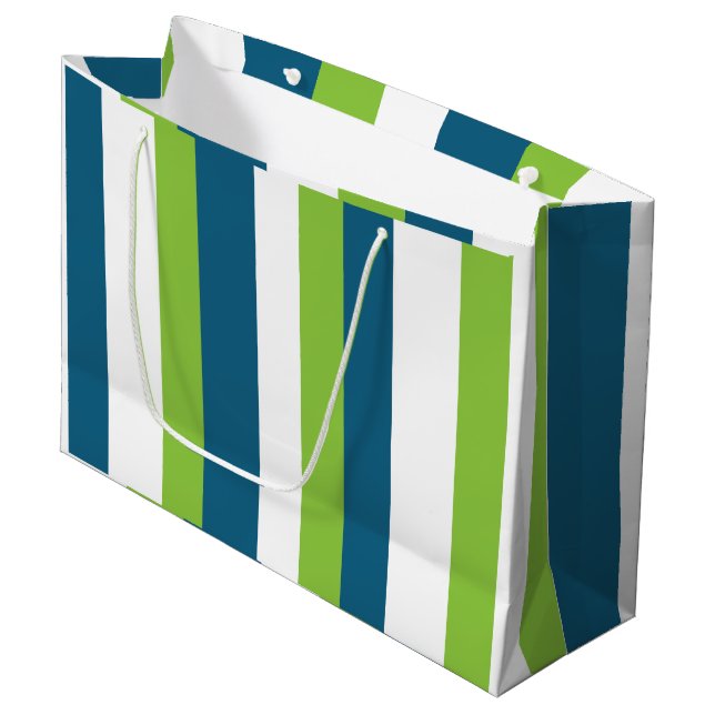 Grand Sac Cadeau Rayures verticales bleues blanches vertes  (Devant Angle)