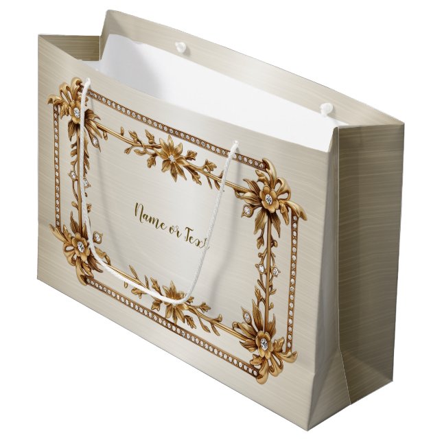 Grand Sac Cadeau Rectangle Orné de Diamants Fleurs Dorées Brillante (Devant Angle)