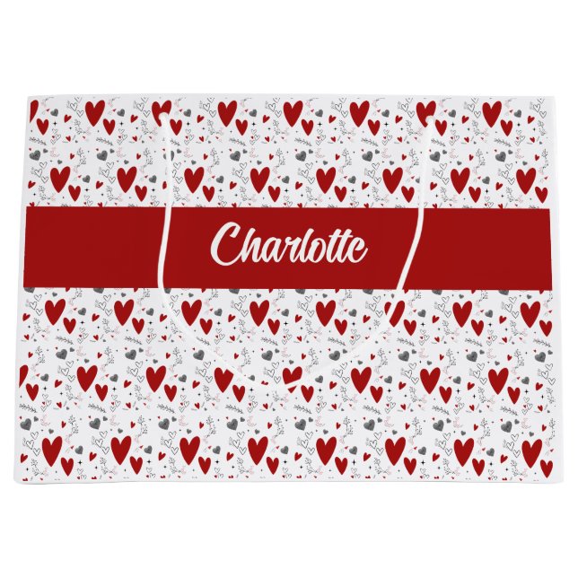 Grand Sac Cadeau Red and Black Hearts Custom Monogram Name (Devant)