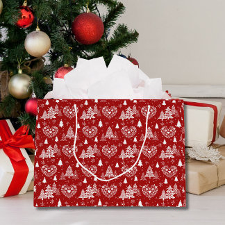 Grand Sac Cadeau Red and White Scandinavian Heart & Christmas Tree