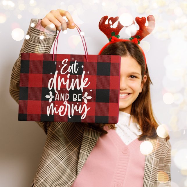 Grand Sac Cadeau Red Buffalo Plaid “Eat, Drink & Be Merry” (Créateur téléchargé)