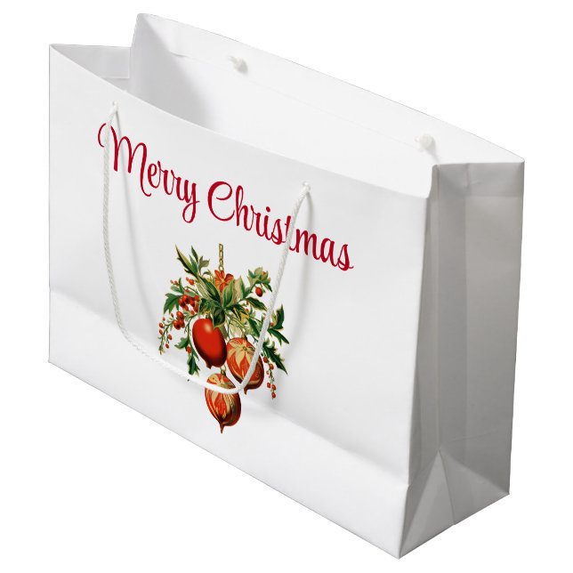 Grand Sac Cadeau Red Christmas Baubles avec Holly Festive (Devant Angle)