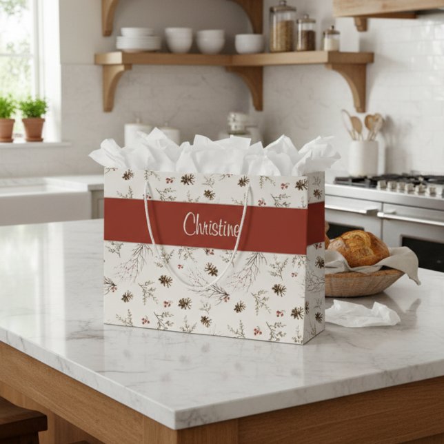 Grand Sac Cadeau Red Cream Boho Woodland Winterberry Monogram Name (Créateur téléchargé)