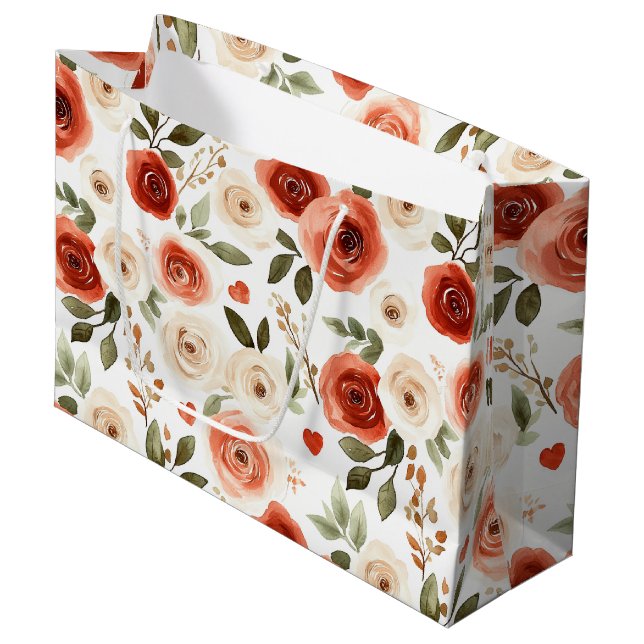 Grand Sac Cadeau Red Cream Hearts and Flowers Fête de mariage (Devant Angle)