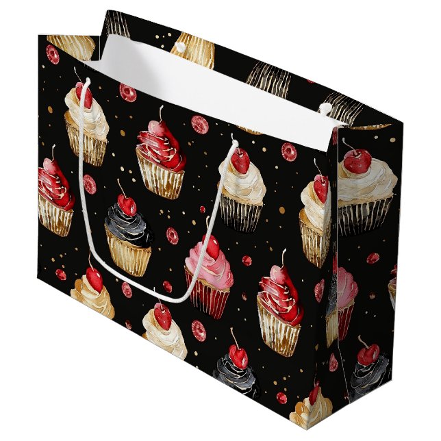 Grand Sac Cadeau Red Gold Black Pink Cupcakes Cerisier Anniversaire (Devant Angle)