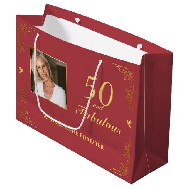 Grand Sac Cadeau Red Gold moderne 50 Fabuleux photo d'anniversaire (Devant Angle)
