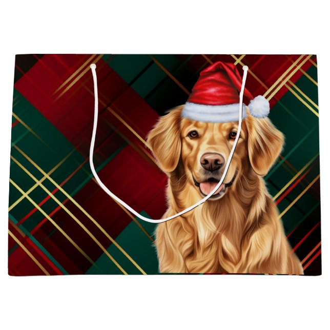 Grand Sac Cadeau Red Green Plaid Golden Retriever Amoureux des chie (Devant)