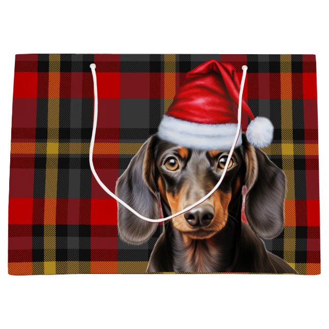 Grand Sac Cadeau Red Plaid and Smooth Dachshund Dog Lover Holiday (Devant)