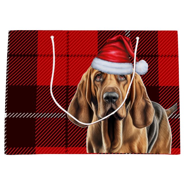 Grand Sac Cadeau Red Plaid Bloodhound Amoureux des chiens Holiday (Devant)