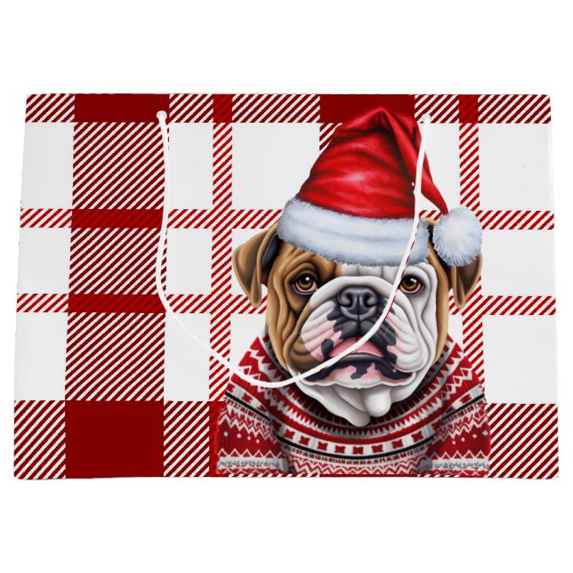 Grand Sac Cadeau Red Plaid Bulldog Lover Holiday (Devant)