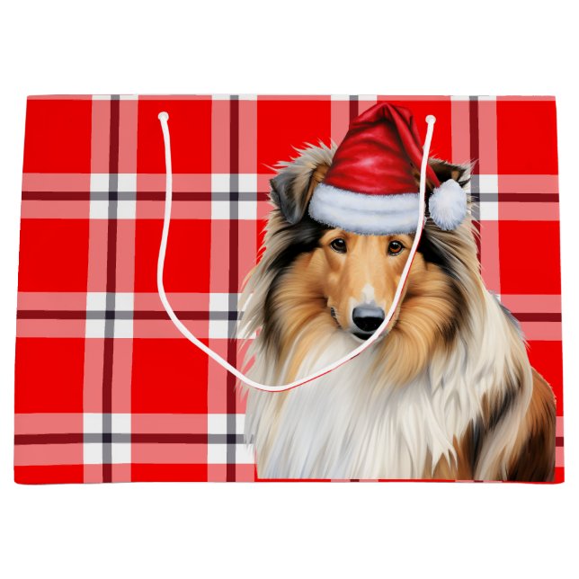 Grand Sac Cadeau Red Plaid Collie Amoureux des chiens Holiday (Devant)