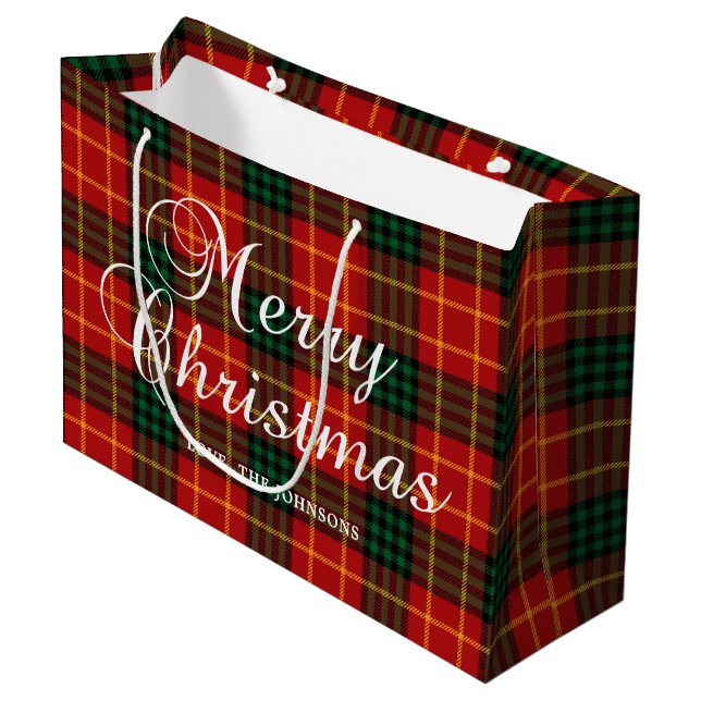 Grand Sac Cadeau Red with Green and Gold Christmas Plaid (Devant Angle)