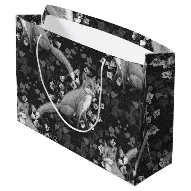 Grand Sac Cadeau Renard, fleur et lierre, monochrome, mur argenté (Dos Angle)