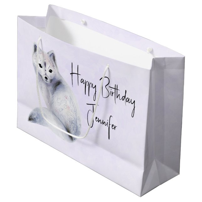 Grand Sac Cadeau Renard nordique mignon avec marques florales Anniv (Devant Angle)