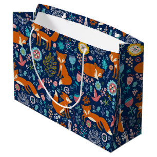 Grand Sac Cadeau Renard rouge et motif de fleurs