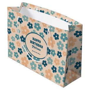Grand Sac Cadeau Retro Peach Green Boho Flower Joyeux anniversaire